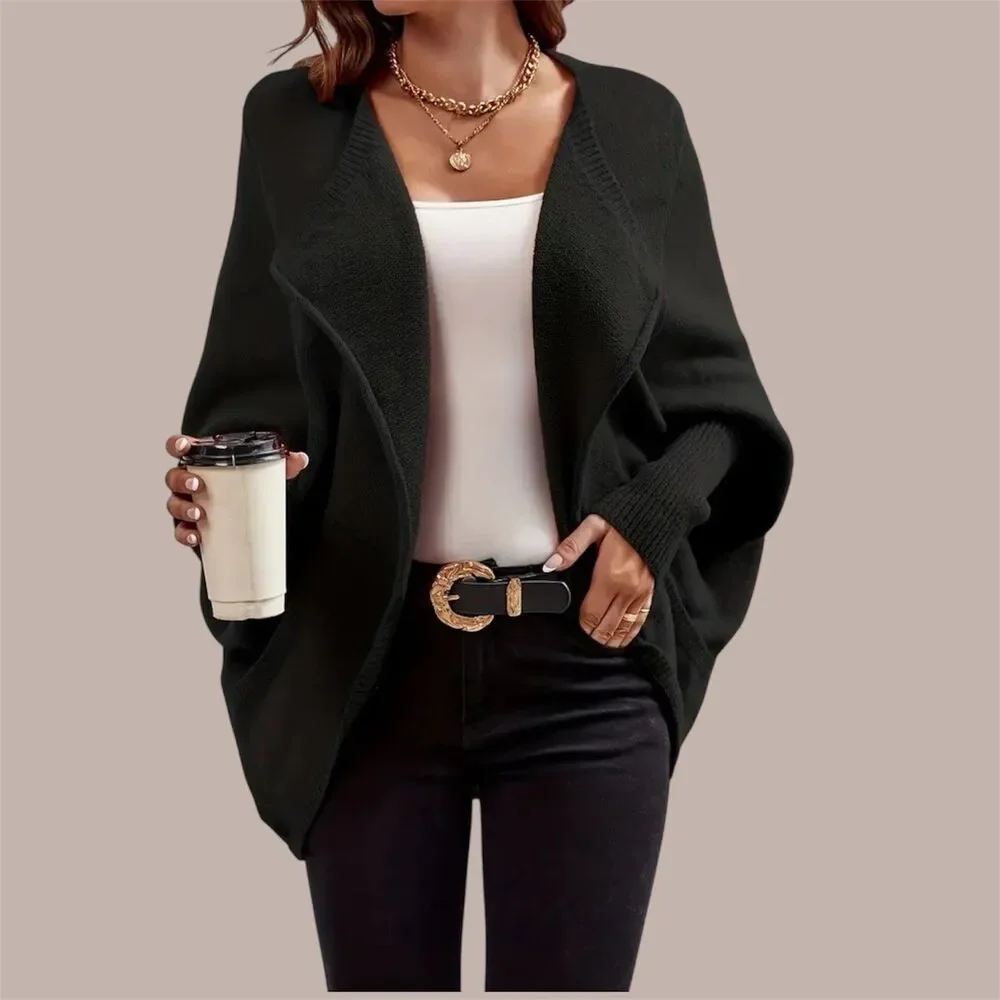 Elegant Long Sleeve Cardigan Black with Collar and Batwing Style for Women Small